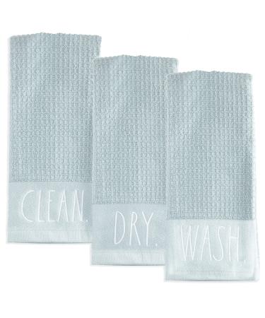 Rae Dunn Set of 3 Hand Towels for Kitchen and Bathroom, 100% Cotton, Embroidered Blue Dish Towels Embroidered WASH, Clean, Dry 16 inches x 26 inches Decorative Hand Towels Spa Blue- "Wash/Clean/Dry" 3 Pack