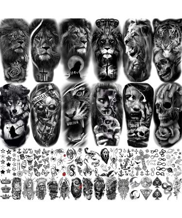 JOEHAPY 39 Sheets 3D Forarm Black Realistic Wolf Tiger Lion Temporary Tattoos For Men Women Thigh Arm  Scary Skull Gothic Gangster Fake Tattoo Sticker Adults  Large Tribal Half Sleeve Tatoos Halloween