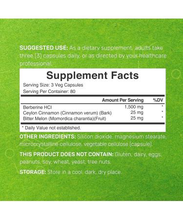 Berberine Supplement 1500mg with Ceylon Cinnamon & Bitter Melon | 240 Capsules - Supports Glucose Metabolism & Weight Management - Buy Online on GoSupps.com