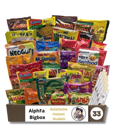 Alphfa Bigbox - 33 Asian Instant pasta box made of ramen & pasta soups - Random mixing varieties & portion sizes such as chicken beef shrimp and much more.- Ideal as Asia gift box 5x chopsticks 33 partly set