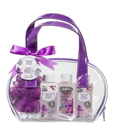 All in 1 Bathroom Home Spa Bath Gift Basket - Herbal Purple Basil Flower & Kale Fragrance - Luxury Bath & Body Set For Women - Contains Bath Salts  Bubble Bath  Shower Gel  and Bath Puff