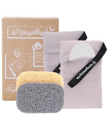 Soap Pocket Exfoliating Soap Saver Pouch | Body Scrubber Sponge, Exfoliator for Bath or Shower | for Large Bar Soap or Leftover Bits | White Smoke, 2 Pack + 2 Soap Lifting Pads