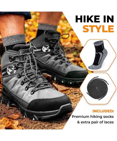 Foxelli Men's Waterproof Suede Hiking Boots - Breathable, Comfortable & Lightweight - Size 9.5 Grey - Buy Online on GoSupps.com