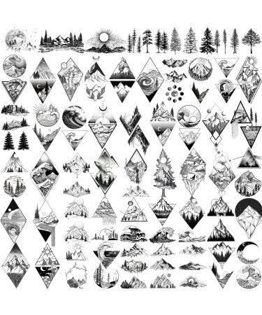 GOROMON 52 Sheets Small Black Mountain Temporary Tattoos For Men Women Adult  Geometric Sea Weave Forest Pine Tree Realistic Tattoo Sticker For Kids Children  Moon Sun Star Triangle Tatoos Outer Space