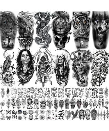 Rejaski 66 Sheets Black Eagle Dragon Temporary Tattoos For Men Women Thigh  Scary Halloween Tiger Lion Devil Skull Fake Tattoos For Adults  3D Wolf Large Half Arm Sleeve Realistic Tatoo Forearm Teens