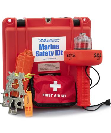 USCG Boating Safety Kit - Electronic Flare - First Aid Kit - Whistle - Multi Tool - Waterproof Case (Plastic)