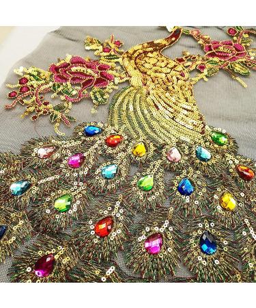 IXUEYU Sequin Peacock Rainbow Rhinestone Feather Tail Embroidered Gown Appliques Lace Fabric in Black - Perfect for DIY Wedding Decoration - Buy Online on GoSupps.com
