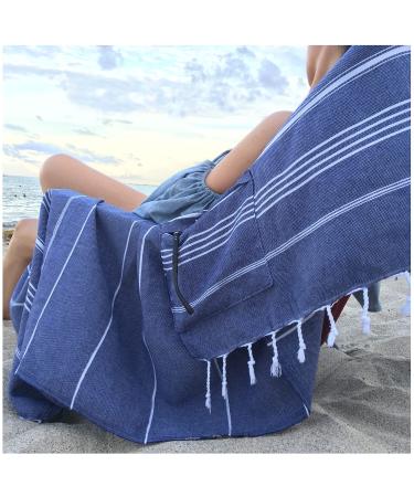 Aysesa ShoreSecrets Collection: Sandproof Beach Towel (w/Hidden Pocket) Natural Turkish Cotton - Made in Turkey - 63 Long (Captain's Choice Navy)