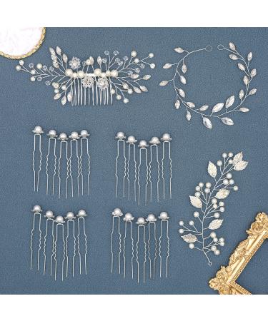 Braveamor Wedding Hair Accessories Bridal Pearls Hair Pins Rhinestone Headpieces Crystal Hair Piece Wedding Hair Side Combs for Brides and Bridesmaids (23 Pack)(Silver)