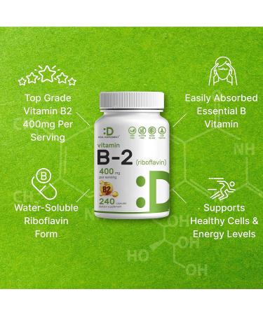 Deal Supplement Vitamin B2 Riboflavin 400mg 240 Capsules - Promotes Healthy Cells & Energy - Non-GMO & Third Party Tested - Buy Online on GoSupps.com
