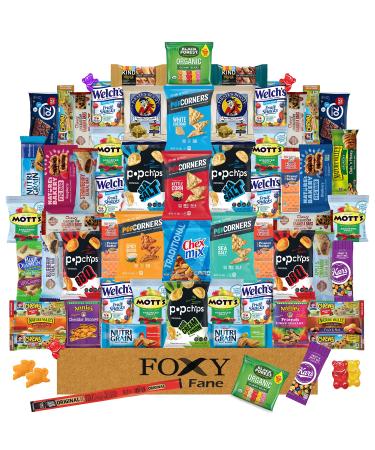 Foxy Fane 60 count Premium Healthy Snack Box - Ultimate Gift Care Package with Variety Assortment of Chips, Nuts, Bars, Crackers, Popcorn, Cookies & more - Bulk Bundle of Delicious Treats (60 Snacks)