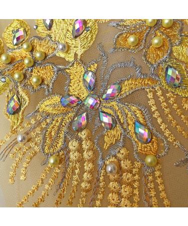 Mirror Pair Beaded Floral Lace Applique with Colorful Rhinestones, Jewelry Motif Embroidery Shoulder Patch for Party Costumes and Dance Dress in Gold - Buy Online on GoSupps.com