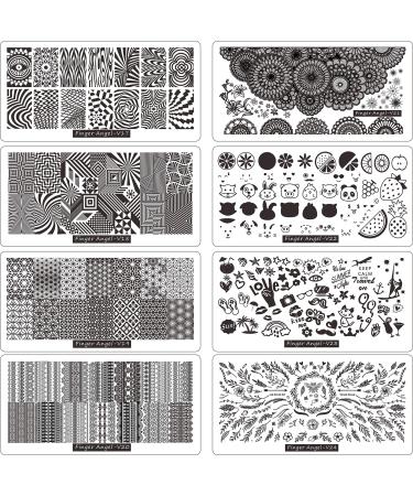 FingerAngel 8pcs Nail Stamp Plates + Nail Stamper with Scraper+ 1 Pcs storage bag Nails Art Stamping Plate Scraper Stamper Set Leaves Flowers Animal Nail plate Template Image Plate (V17-24)