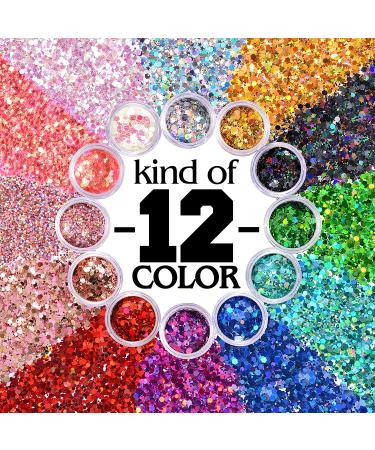 Warmfits Holographic Chunky Glitter Set A - 12 Colors 120g for Face, Body, Eyes, Hair, Nails - Festival Glitter Stars and Hexagons - 4.23oz (Pack of 12) - Buy Online on GoSupps.com