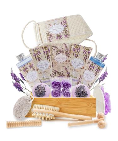 Luxury Spa Gift Baskets for Women in Lavender Essential, Christmas Birthday Gifts for Mom, 18pcs Bath Body Home Spa for Pampering Self Care with Bubble Bath Bomb Lotion Massager Roller Loofah scrubber