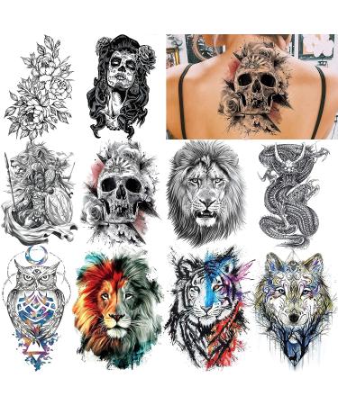 Realistic Tiger Dragon Lion Owl Temporary Tattoos | Half Sleeve Halloween Skull Fake Tattoo Sticker | Watercolor Flower & Warrior Wolf Decal | 53 Sheets for Women & Men - Buy Online on GoSupps.com