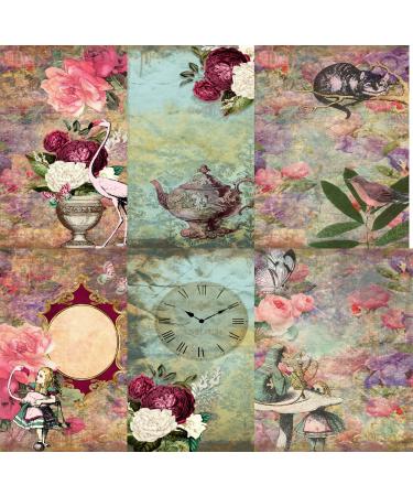 Alice Theme Mulberry Rice Paper, 8 x 10.5 inch - 6 x Different Printed Mulberry Paper Images 30gsm Visible Fibres for Decoupage Crafts Mixed Media Collage Art