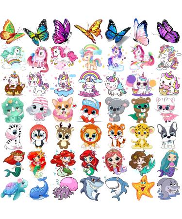 Rejaski 50 PCS Cute Animals ZOO Kids Temporary Tattoos For Girls Butterfly Mermaid Unicorn  3D Cartoon Fake Tattoos For Child Toddler Boys Teen  Fun Small Tatoo Party Favor Sets Supplies Decoration