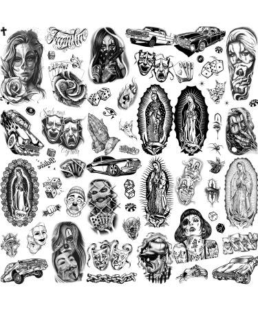 TASROI 6 Sheets Large Chicano Temporary Tattoos For Men Women Adult, Chicana Guadalupe Gangster Temp Fake Tattoos Prisoner Day of the Dead, Halloween Mexico Tattoo Stickers Tatuajes Temporales Autocolante