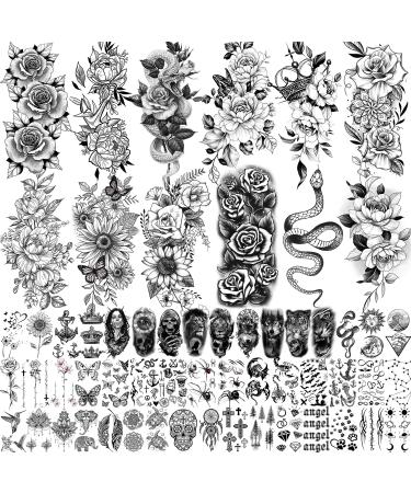 COKTAK 59 Sheets Sexy 3D Rose Flower Temporary Tattoos For Women Girls Arm Neck, Snake Floral Sunflower Leaf Peony Fake Tattoo Sticker Adult, Black Realistic Temp Tatoos Moon Dandelion Butterfly Thigh