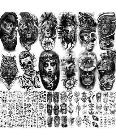 EGMBGM 59 Sheets 3D Black Skull Halloween Temporary Tattoos For Men Women Kids  Long Lasting Temp Fake Tattoos For Adults  Large Realistic Owl Wolf Lion Tiger Devil Tattoo Stickers Kids Body Art Arm