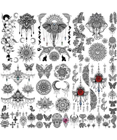 EGMBGM 28 Sheets Tribal Black Temporary Tattoos For Women Girls  Waterproof Fake Tattoos Temporary Owl Elephant Ganesha Lace Tattoo Kits Underboob Boobs  Indian Bohemia Lotus Mandala Flower Tatoo Sticker Adults Moon Neck...