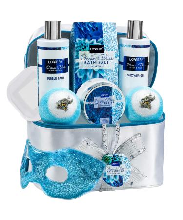 Home Spa Gift Baskets For Women Bath and Body Gift Bag Ocean Bliss Spa Set - Glittery Reusable Hot & Cold Eye Mask Body Lotion 2 Ex-Large Bath Bombs Travel Cosmetics Bag & More
