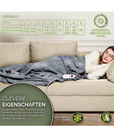 Sinnlein Heating Ceiling Blanket 180x130cm - T V S d GS Certified Electric Blanket with Timer 9 Heat Levels & Washable Design - Cuddly Light Gray - Buy Online on GoSupps.com