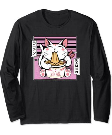 Kawaii Cat Neko Eating Ramen Noodle Soup Japanese Aesthetic Long Sleeve T-Shirt - Buy Online on GoSupps.com