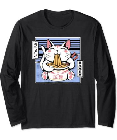 Kawaii Cat Neko Eating Ramen Noodle Soup Japanese Aesthetic Long Sleeve T-Shirt - Buy Online on GoSupps.com