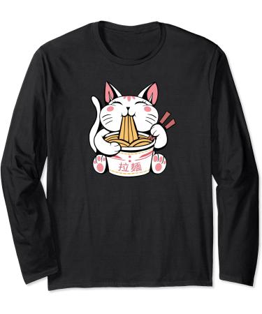 Kawaii Cat Neko Eating Ramen Noodle Soup Japanese Aesthetic Long Sleeve T-Shirt