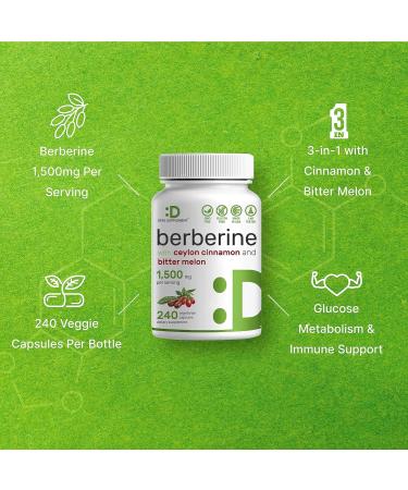 Berberine Supplement 1500mg with Ceylon Cinnamon & Bitter Melon | 240 Capsules - Supports Glucose Metabolism & Weight Management - Buy Online on GoSupps.com