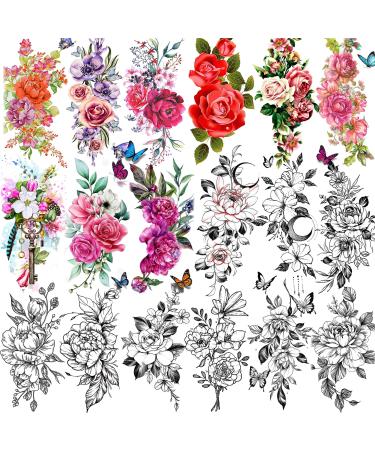TASROI 18 Sheets Sexy Flower Rose Temporary Tattoos For Women Girls Adults  Women Body Art Fake Arm Tattoo Stickers  Waterproof Moon Butterfly Black Floral Tattoo Temporary Orchid Dahlia Neck Tatoos