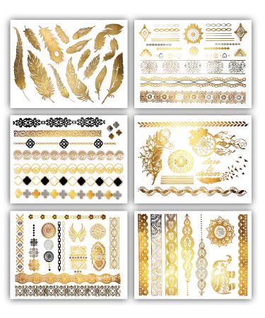 Terra Tattoos Gold Metallic Temporary Tats 75+ Boho Henna Designs Feathers  Tribal  Elephants - Waterproof Nontoxic Long Lasting Perfect for Beach  Festivals  & more!