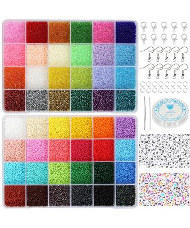 KERGAEN Total 48000pcs Size 2mm Seed Beads for Jewelry Making 12/0 Tiny Seed Beads Craft Beading Kit Set 260pcs Letter Alphabet Beads with Elastic String Earring Hooks and Claw Clasps