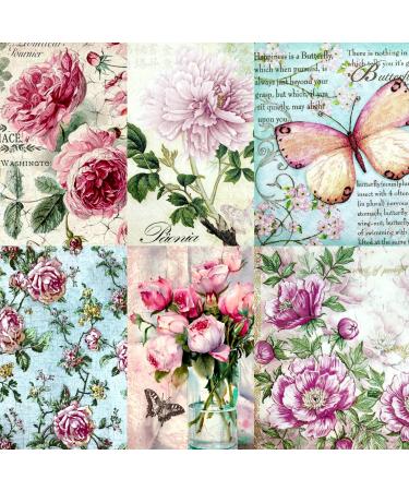 Vintage Flower Theme Mulberry Rice Paper, 8 x 10.5 inch - 6 x Different Printed Mulberry Paper Images 30gsm Visible Fibres for Decoupage Crafts Mixed Media Collage Art