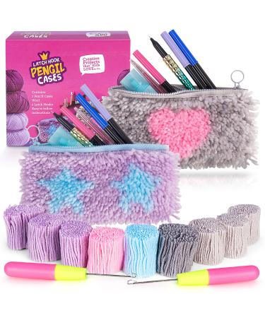 CRAFTILOO DIY 2 Rug Pencil Cases Latch Hook Kits for Kids Sewing Set for Girls Beginners Latchkits Ages 8-12 Latch Pencil Cases Heart
