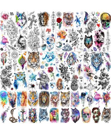 VANTATY 31 Sheets 96+ PCS Watercolor Tiger Lion Owl Temporary Tattoos For Women  Realistic Long Lasting Tattoo Sticker Skeleton Rose Peony Flower  Waterproof Temp Fake Tattoos For Adults Men Kids Kits