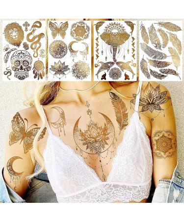 COKTAK 9 Sheets Large Gold Metallic Temporary Tattoos - 88+ Designs for Women - Tribal Bohemia 3D Flash Fake Golden Tattoo Stickers - Realistic Glitter Snake, Moon Lotus Body Art - Buy Online on GoSupps.com