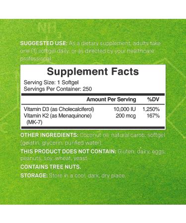 Vitamin D3 10,000 IU + K2 MK7 200 mcg Softgels with Coconut Oil - 250 ct Double Strength for Heart, Bone & Teeth Health - Easy to Swallow - 180 ct - Buy Online on GoSupps.com