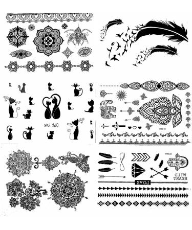 Henna Tattoo (6 Sheets) Body Paints Temporary Tattoo Designs Feathers/Mandala/Cats/Lotus/Bracelet/Elephant/Birds and more