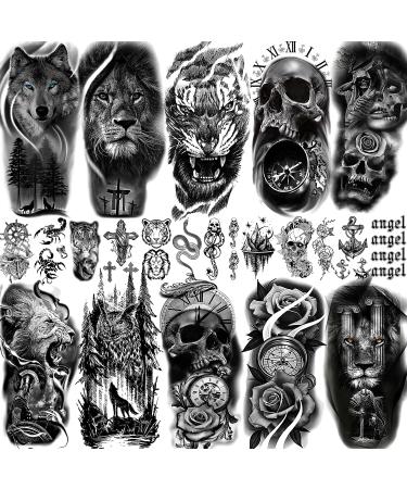 FANRUI 22 Sheets Realistic Black Animals Temporary Tattoos For Women Men Half Arm Sleeve  3D Large Tribal Tiger Lion Death Skull Fake Tattoo Stickers Halloween  Flower Compass Wolf Owl Tatoos Anchor