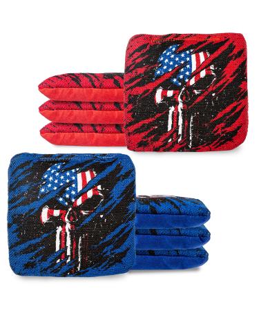 Play Platoon Tournament Series Cornhole Bags - Pro Style Dual Sided Slick and Sticky Side Bags - Designed in USA Red/Blue American Skull