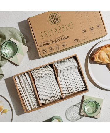 GREENPRINT compostable cutlery set 150 Pack 50 Forks 50 Spoons 50 Knives - Biodegradable Disposable Cutlery Heavy Duty Utensils Alternative to other Silverware - Buy Online on GoSupps.com