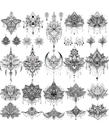 EGMBGM 15 Sheets Sexy Black Lotus Temporary Tattoos For Women Fake Jewelry Indian Tribal Bohemia Lace Moon Moth Flowers Pendant Temp Tattoos Temporary Sticker For Girls Arm Neck Chest Breast Tatoos Boobs