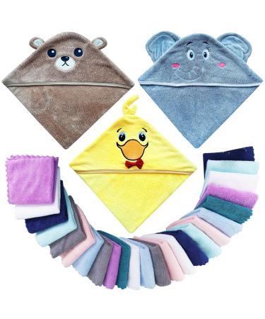 Lovely Care 3 Pack Baby Hooded Bath Towel with 24 Count Washcloth Sets for Newborns Infants & Toddlers Boys & Girls - Baby Registry Search Essentials Item - Bear Elephant Duck