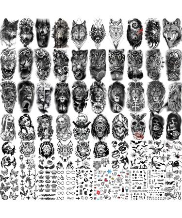 Rejaski 60 Sheets Ferocious Lion Tiger Temporary Tattoos For Men Women Arm Neck  Scary Devil Skull Skeleton Fake Tattoos For Adult Teens Halloween  Black 3D Wolf Dragon Realistic Tatoo Sticker Forearm