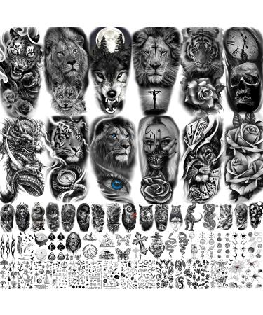 TASROI 61 Sheets Realistic Skull Tiger Wolf Lion Temporary Tattoos For Women Men Arm Sleeve  3D Halloween Temp Tattoos Adults Compass Black Rose Flower  Bulk Fake Tattoos That Look Real And Last Long