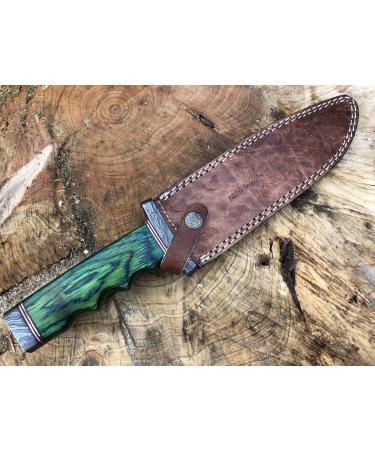 Perkin Damascus Hunting Knife with Sheath - Bowie Knife | Green Wooden Handle | International Shipping - Buy Online on GoSupps.com