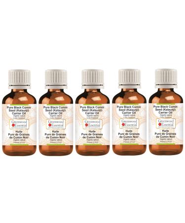 Greenwood essential natural pure cumin seeds (Kalaunji) carrier oil (nigella sativa) natural therapeutic quality cold -pressed (pack of five) 100ml x 5 (16.9 oz)